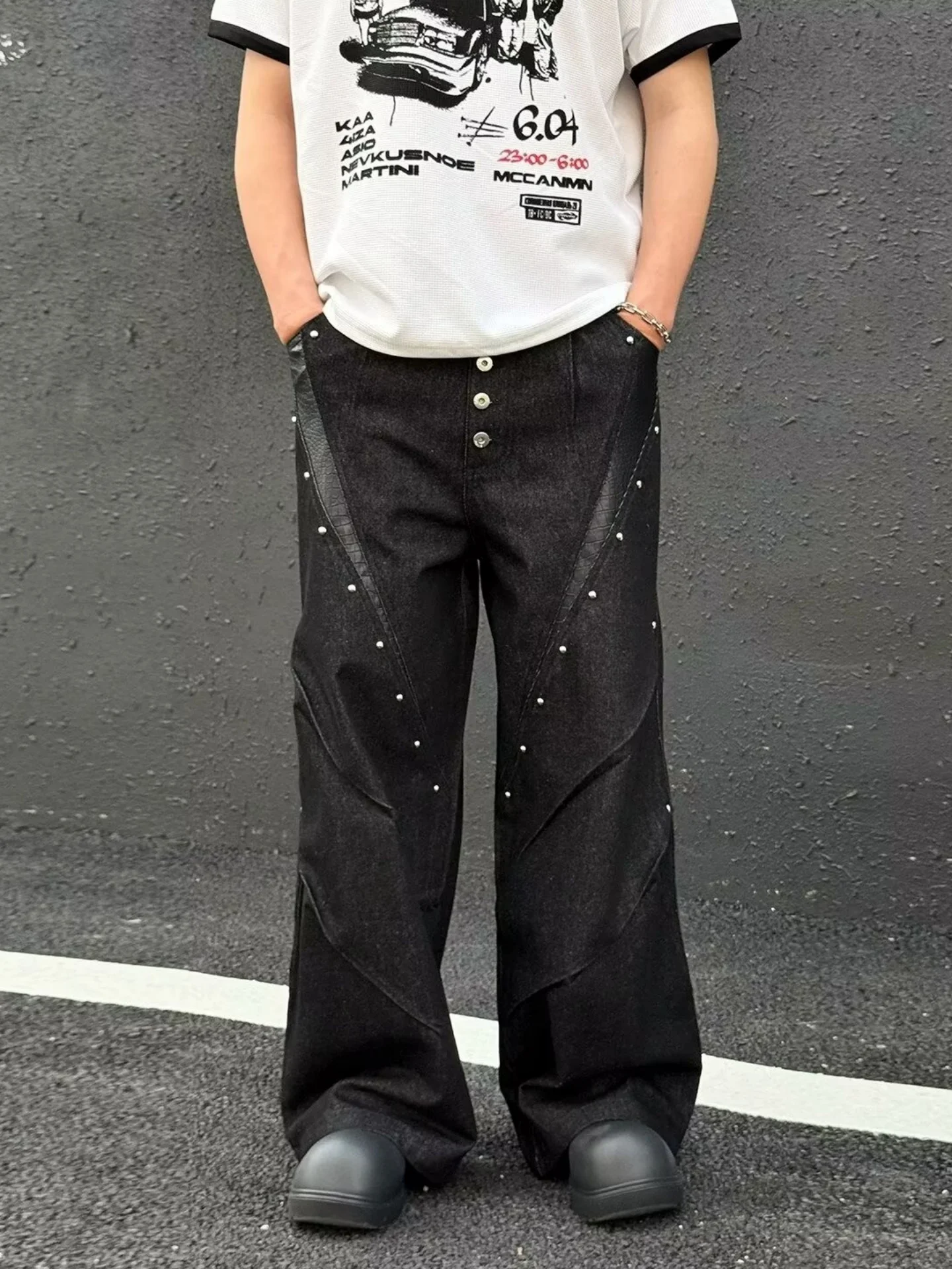 Abibicky Punk Style Rivet Splicing Men's Jeans Trendy Brand Multi-Row Button Deconstructed Design Black Floor-Length Wide Leg...