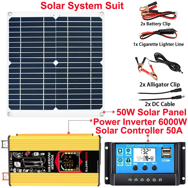 6000W 4000W Power System 12V 50W Solar Panel 50A Controller Solar Power Generator Emergency Battery Charger 12V to 220V Inverter