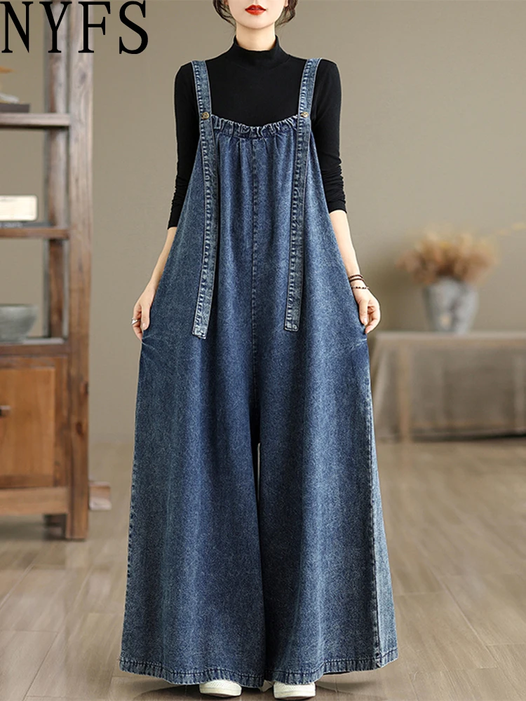 

NYFS 2025 весна-лето женские джинсовые комбинезоны брюки женские винтажные однотонные свободные большие размеры женский комбинезон