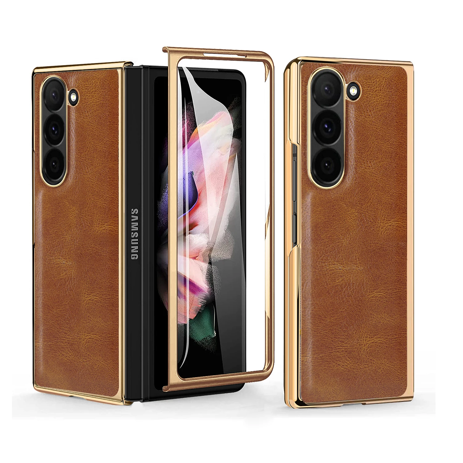 

For Samsung Galaxy Z Fold 7 6 5 4 3 2 Crazy Horse Plain PU Leather Mobile Phone Case With Temper Glass
