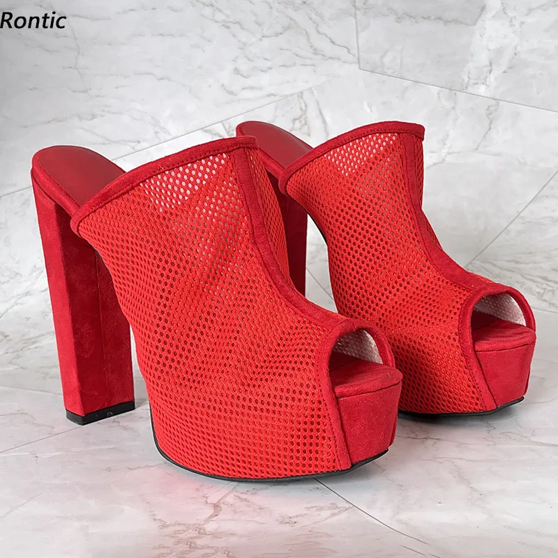 

Rontic, женские летние сандалии ручной работы на платформе, босоножки на сетчатом массивном каблуке с открытым носком, красивые красные туфли для вечеринок, размер США, большие размеры 5-20