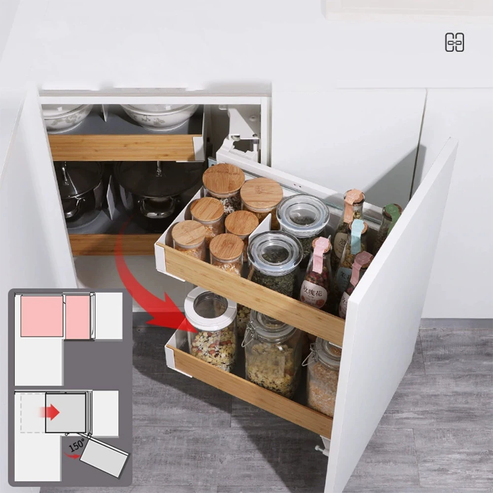 -oo Corner Silent Monster Left or Right Large-capacity Double-layer Seasoning Storage Drawer for Kitchen Cabinet