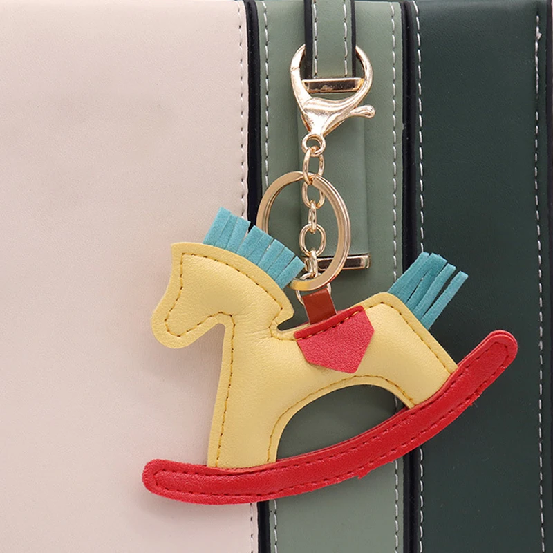 Trendy PU Leather Rocking Horse Keychain Cartoon Pony Animal Pendant Key Ring Charm Women Bag Decoration Accessories