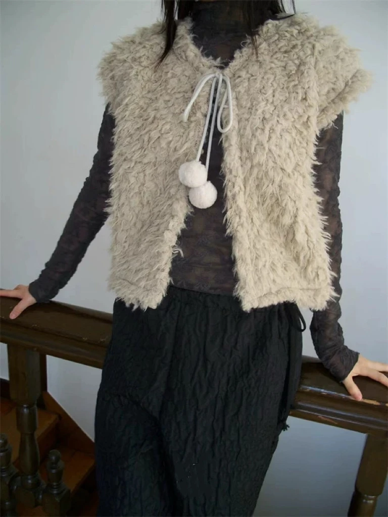 

Autumn Winter Furry Sleeveless Vests Coat Women Loose Casual Korean Style Ladies Cropped Vests Jackets Fashion Woman Coats