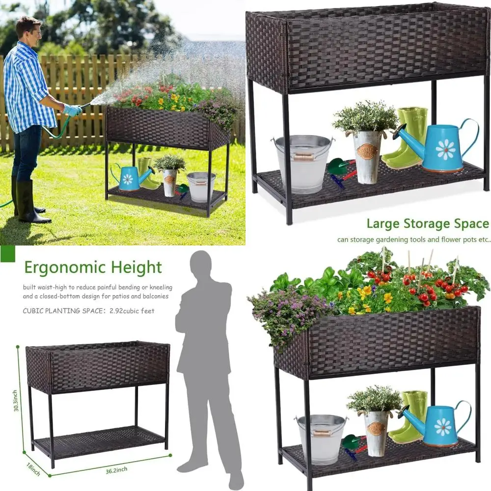 

Elevated Outdoor Garden Bed with Legs and Storage Shelf for Growing Vegetables, Flowers, and Herbs in Backyard or Patio