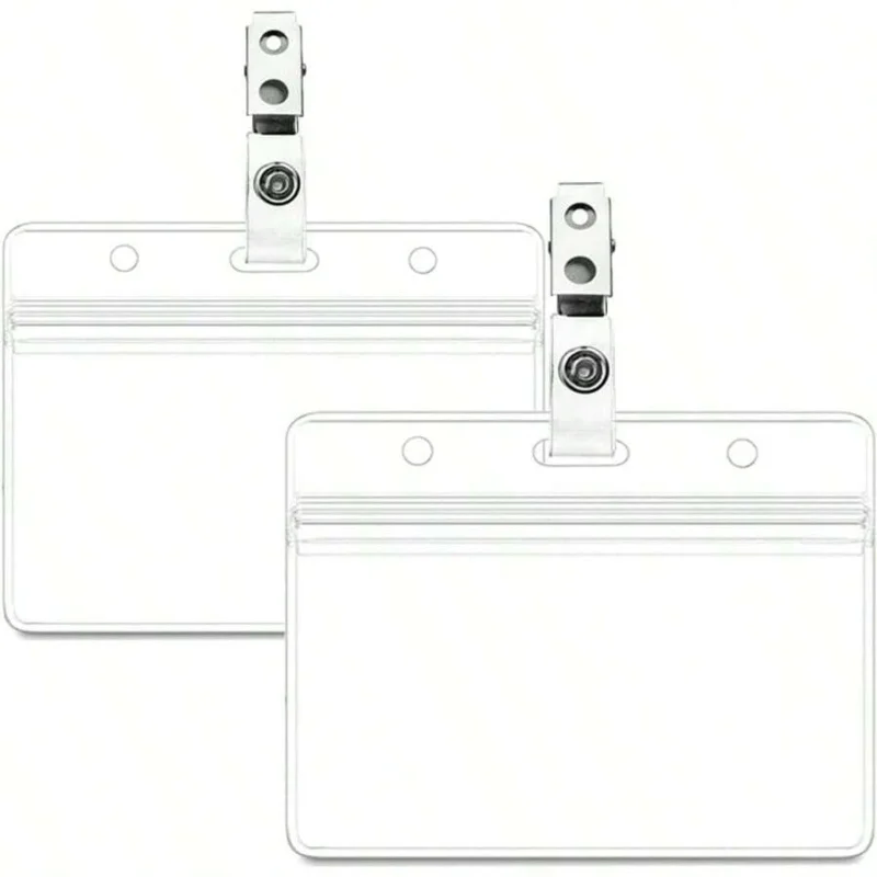 2 Pack Waterproof Horizontal ID Badge Holder Horizontal Clear PVC Name Holder Tags With Badge Clip Straps 2 Pack-ZYGSOME