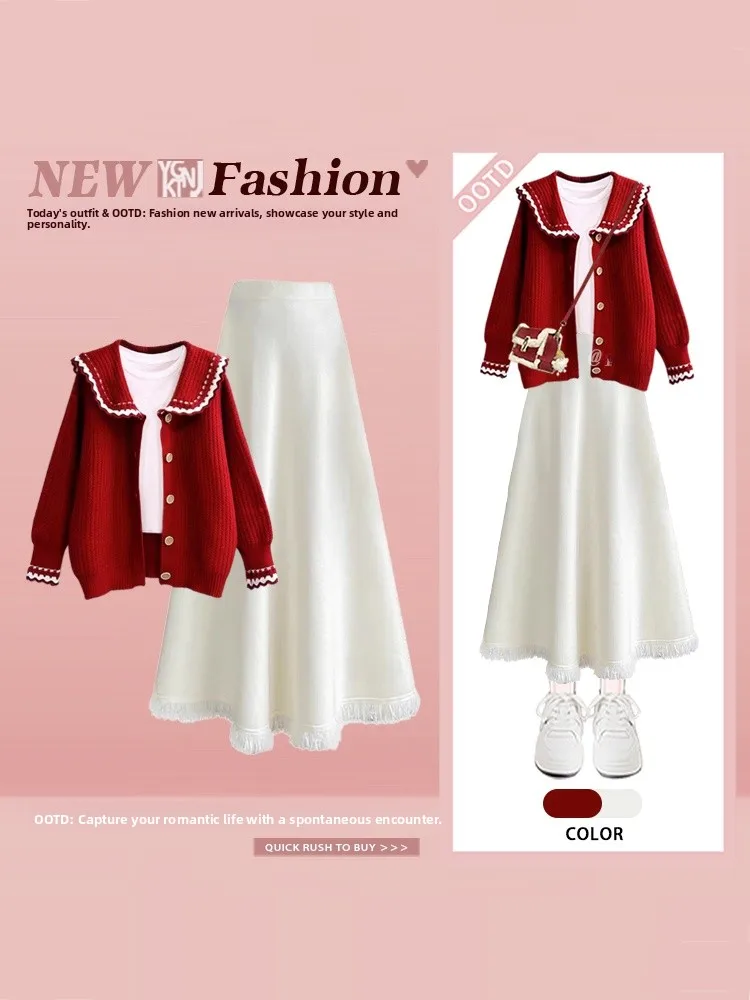 

Gentle Wind Color Blo Ruffle Collar Knitted Cardigan Tassel Hem Midi Skirt Winter Two-Piece Set Women's Faion Ensemble