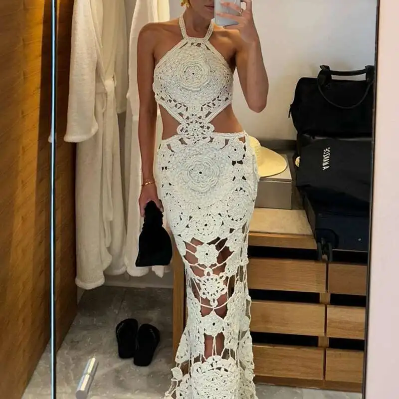 Jacquard Slim Sleeveless Holiday Fashion Lady Halter Hollow Knit Long New Summer Sexy Backless Wrap Hip Beach Dress