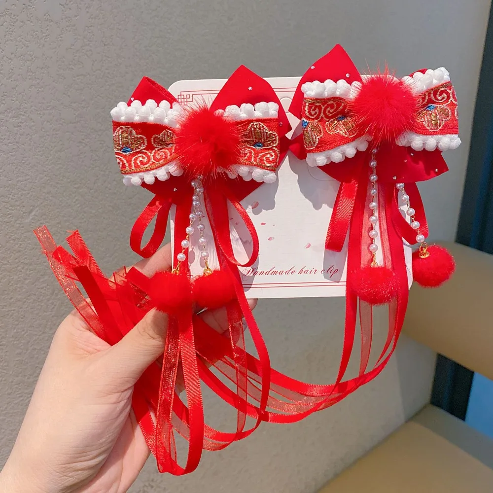 

Princess Lion Children's Chinese Hairpin Bow Ball Embroidered Bow Headwear Beads Flower Ancient Style Hair Clip Girls