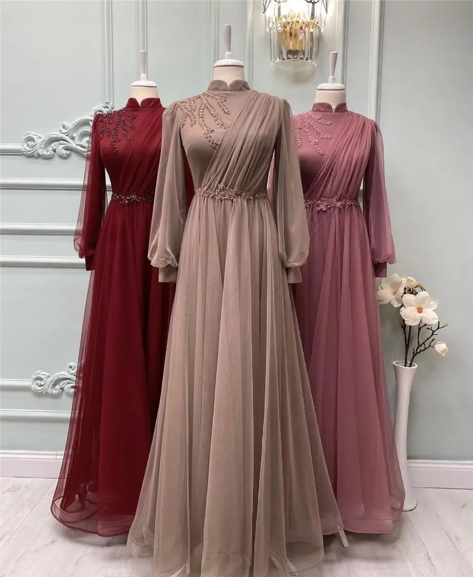 Popular High Neck Full Sleeves Lace Applique Chiffon A Line Evening Dresses Custom Made 2024 Girl Prom Wear