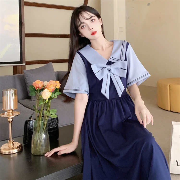 الصيف حجم كبير الحلو القوس البحرية طوق الحد من العمر فستان طويل كلية قصيرة الأكمام الربط وهمية اثنين فساتين اليابانية لطيف #6