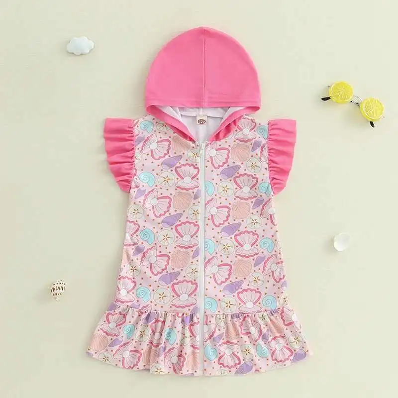 

Kid Girls Swim Coverups Shell Pearl Print Flutter Sleeve Hooded Dress Zip-Up Robe Towel Beachwear 1-6T