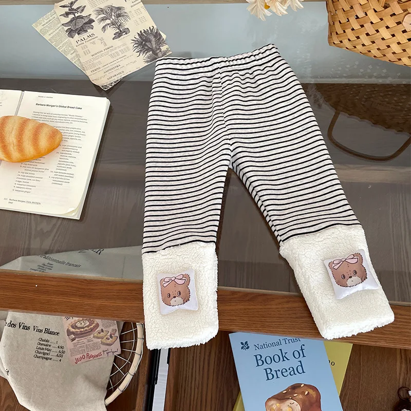 

Kids Baby Girls Leggings 2025 Winter Striped Thicken Warm Children 1-6Y Girls Tights Korean Fleece Toddler Girls Leggings