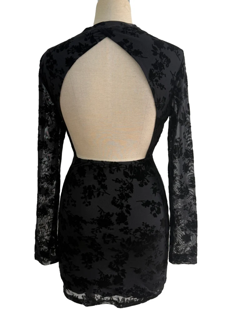 Kricesseen ​ Sexy Schwarz Strömten Floral Mesh Mini Kleid Frauen Elegante Lange Hülse Open Back Bodycon Party Kleid Nigh Out Vestidos