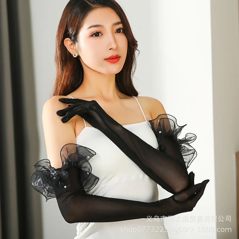 Women Thin Transparent Elastic Lace Pearl Mesh Driving Glove Female 55cm Long Summer Sunscreen Anti-UV Wedding Dress Mitten