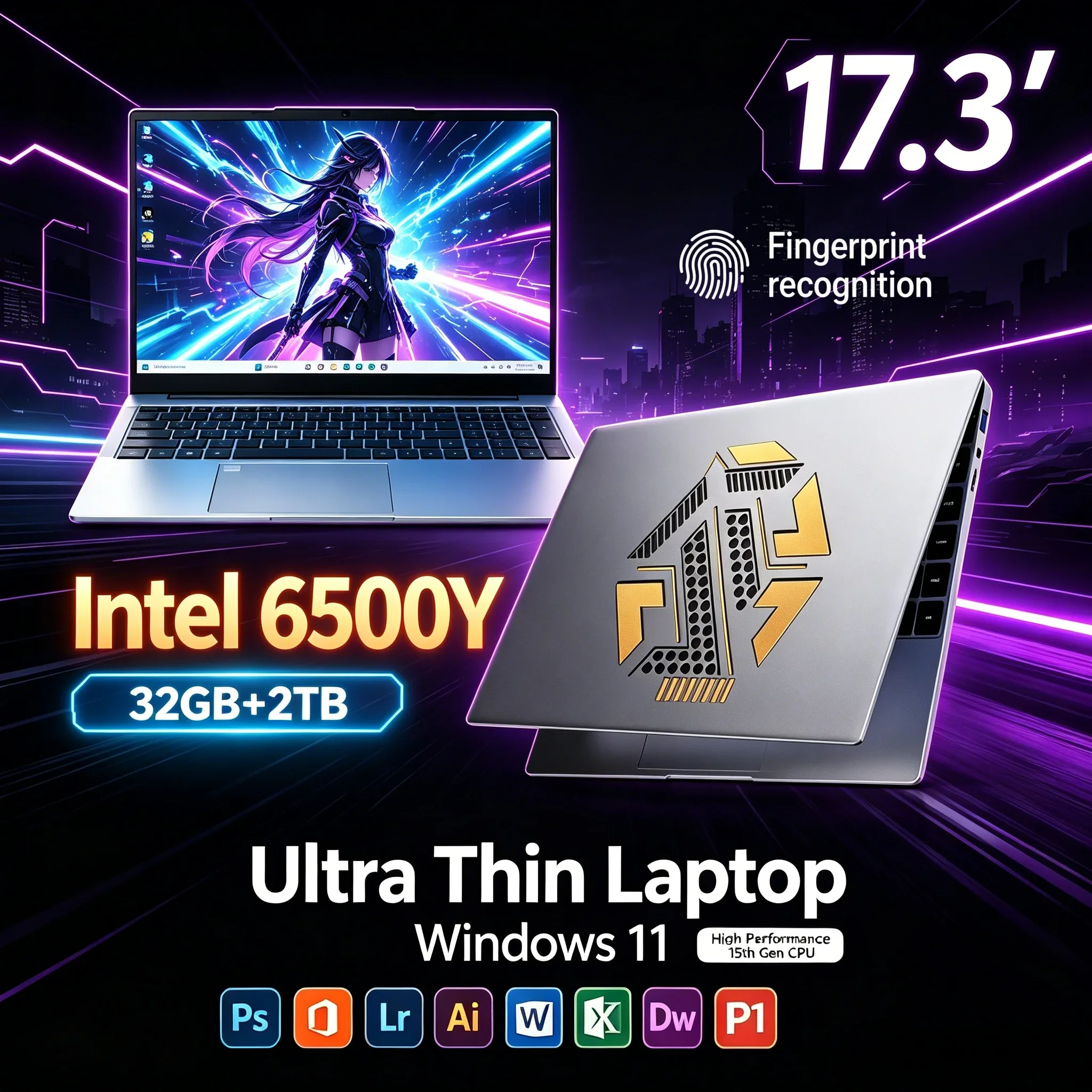 2026 New 17.3'' Inch Laptop Intel 6500Y 32GB RAM 1TB/2TB SSD Windows11 WiFi6 BT5.2 Slim Portable Notebook For Daily Use