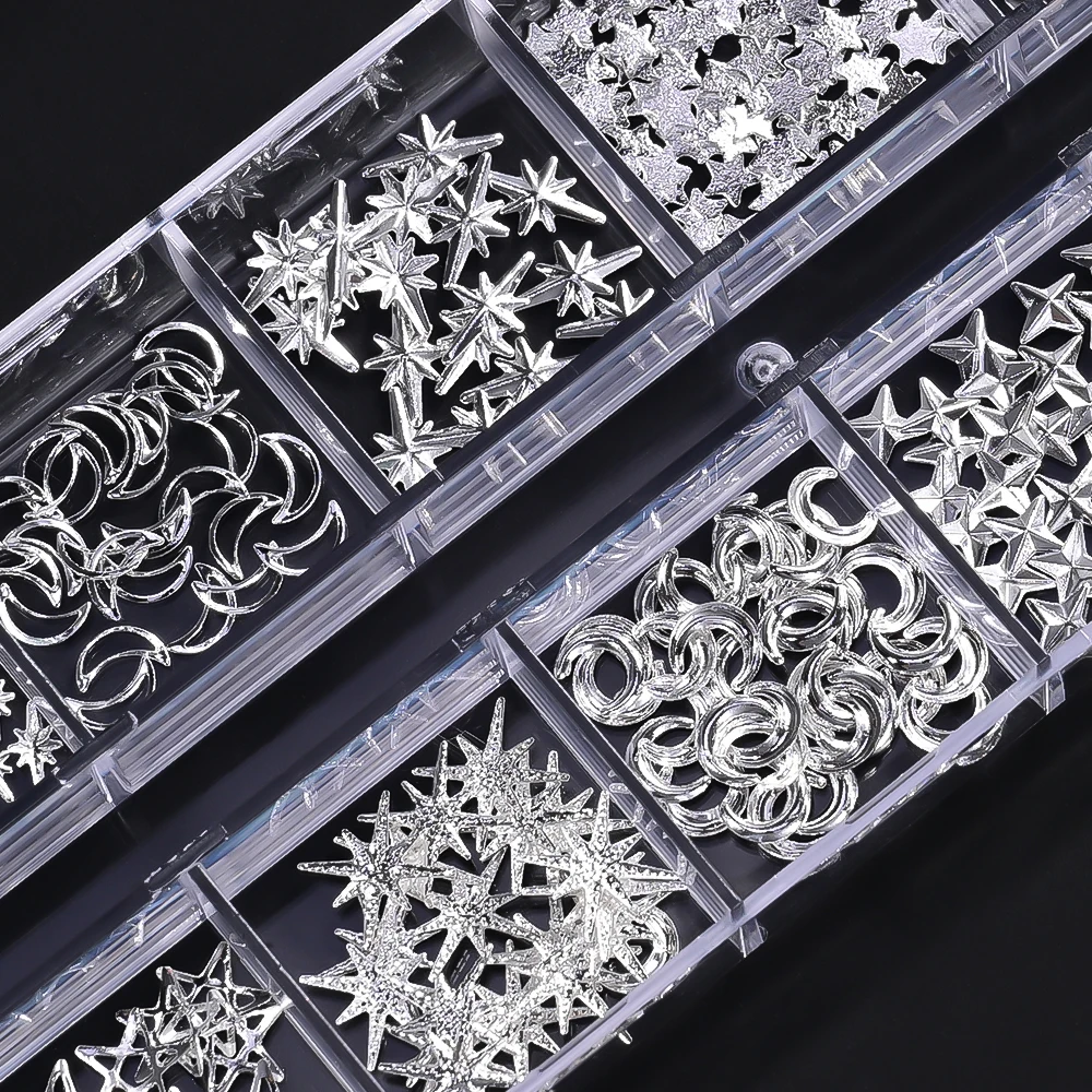 12 rasters Zilveren Ster Maan Hart Nagel Metalen Klinknagels Studs 3D Y2K Metalen Aolly Slice Plaksteen Nagel Charmes Sterrenlicht Nageldecoratie 5