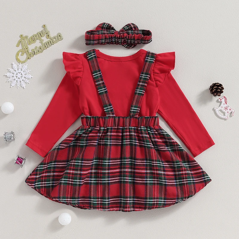 Infant Girls Christmas 3Pcs Outfits Red Ruffled Long Sleeve Romper A-Line Elk Embroidery Plaid Skirt Bow Headband Xmas Sets