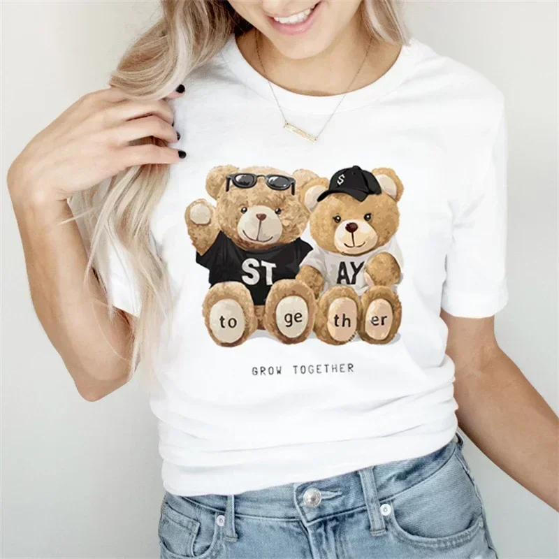 Summer Women\'S Fun Cute Girl Bear Print T-Shirt Women\'S Fashion Clothing Pattern T-Shirt Leisure Women\'S Simple Short Sleeve T-S