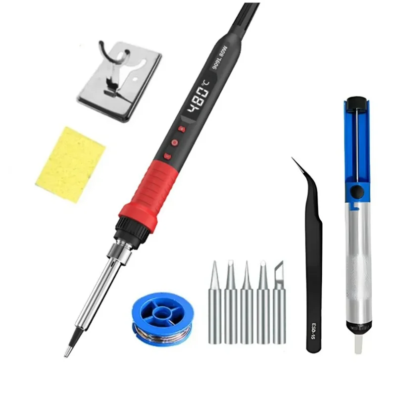 AT05-Soldering Iron Kit 80W Adjustable Temperature LCD Display Heater Tools Including Soldering Tips Tweezers Wires EU P