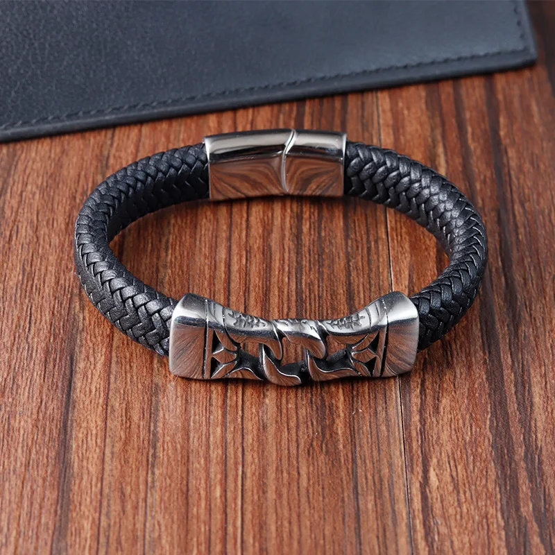 Vintage Stainless Steel Totem Jewelry Hip-Hop Genuine Leather Weave Viking Bracelet for Men Party