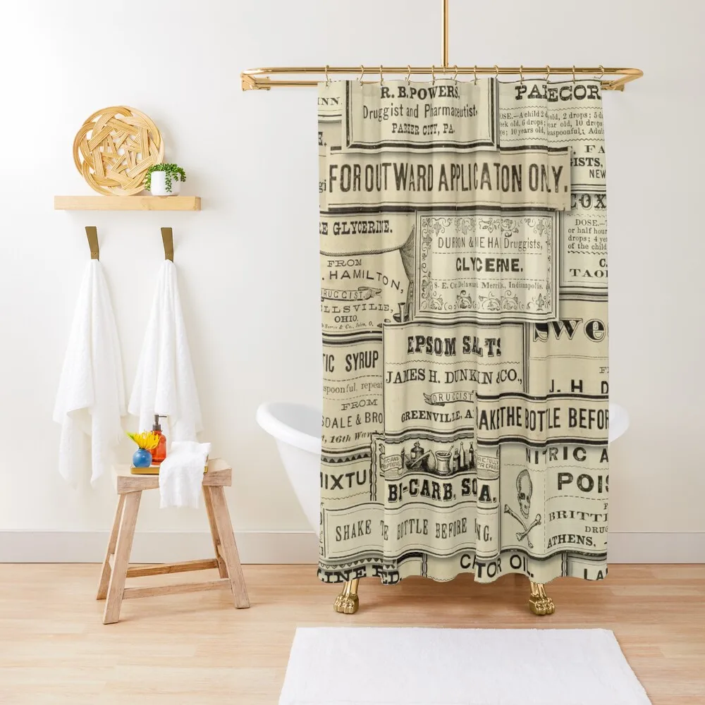 Collage of vintage pharmacy labels Shower Curtain Bathroom Box Toilet Accessories Bathroom Bathroom Showers Curtain