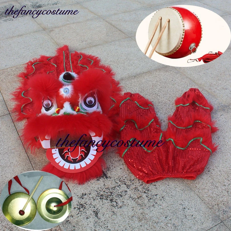 14Inches Lion Dance Props One Drum Gongs cymbals Chinese Culture Folk  Mascot Costume  5-12 Age Family  Party Carnival Festivall