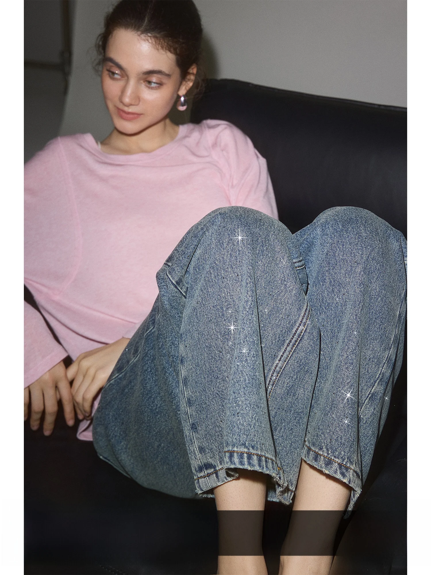 

Женские джинсы Waed Blue: прямые, свободного кроя, с эффектом похудения, широкие штанины, украшенные стразами, весенняя новинка, повседневные брюки