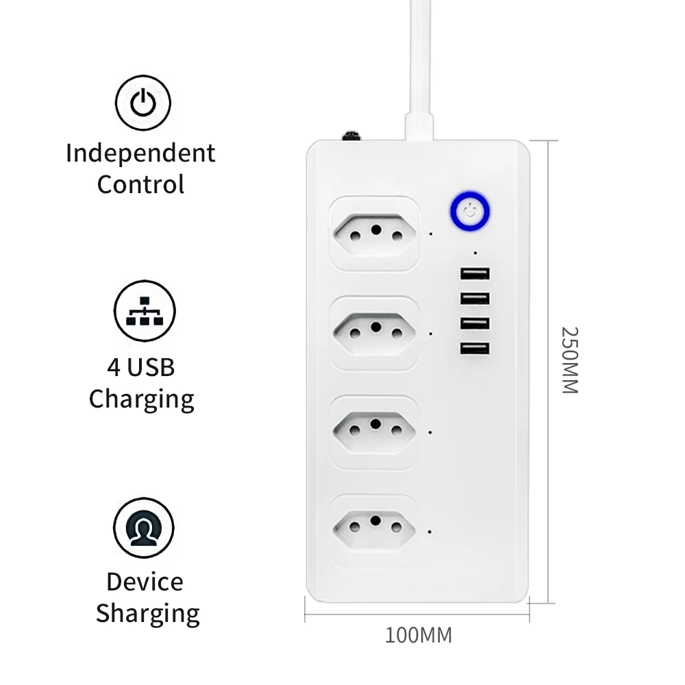 Tuya Wifi/ZigBee Smart Power Strip 4 Outlets Plug 4 USB Brazil Plugs 1.5M Extension Cord Surge Protector for Alexa Google Home