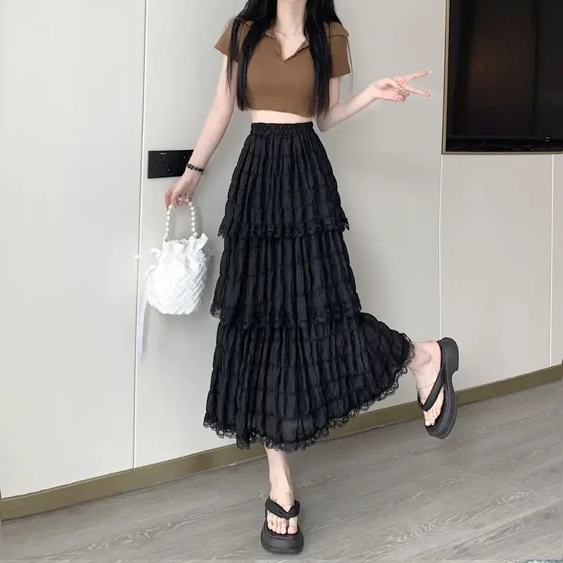 

Mid Length Petticoat Cake Skirts Women's Summer New Western Style Sweet Girls Lace Edge Dresses High Waisted Slim Solid Color