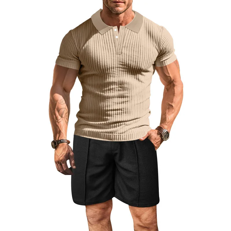 

2024 summer cross-border European and American men's casual lapel-neck knitted T-shirt single-breasted short-sleeved shorts set