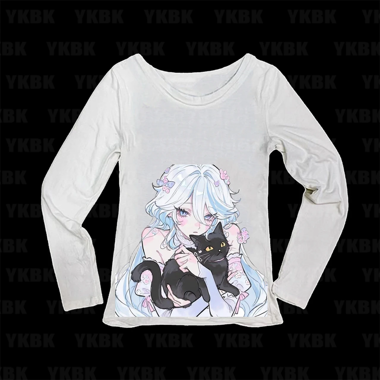 Kawaii Harajuku Women Pastel Hair Girl Hold Black Cat Long Sleeve Tee Scoop Neck Slim Y2K Soft Aesthetic Fitted Top