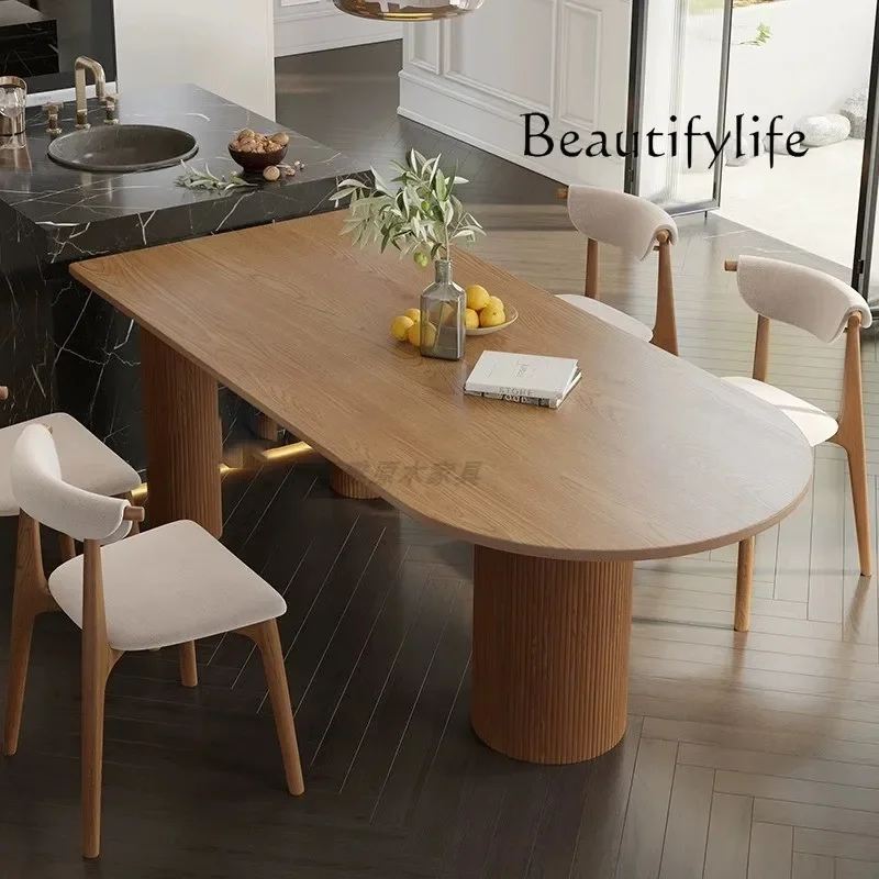 N36 Nordic oak solid wood island dining table integrated wabi wind semi-circular arc dining table tea table desk log