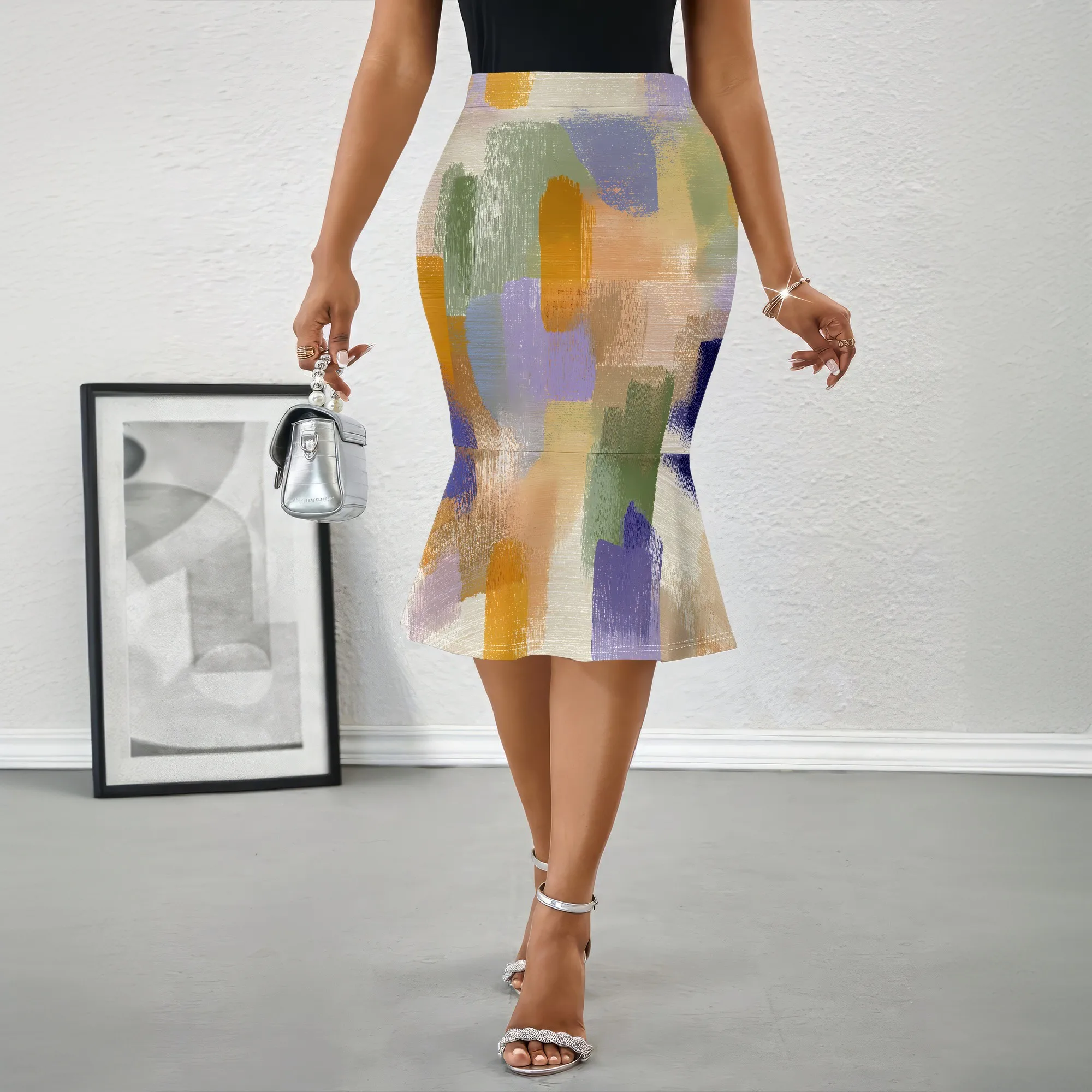 Colorful Abstract Print Midi Skirt, Artistic Pattern Pencil Skirt, High Waist Mermaid Skirt for Women Office Party S-2XL
