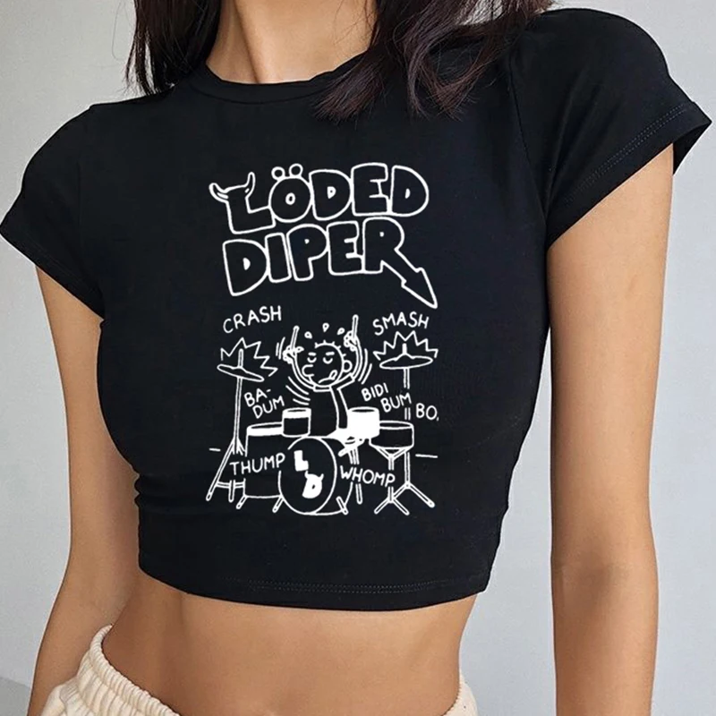 Harajuku Loded Diper Letter Print Crop Top Y2K Aesthetic Gothic Summer Baby Tee Vintage Short Sleeve Slim T-shirt Woman Clothing