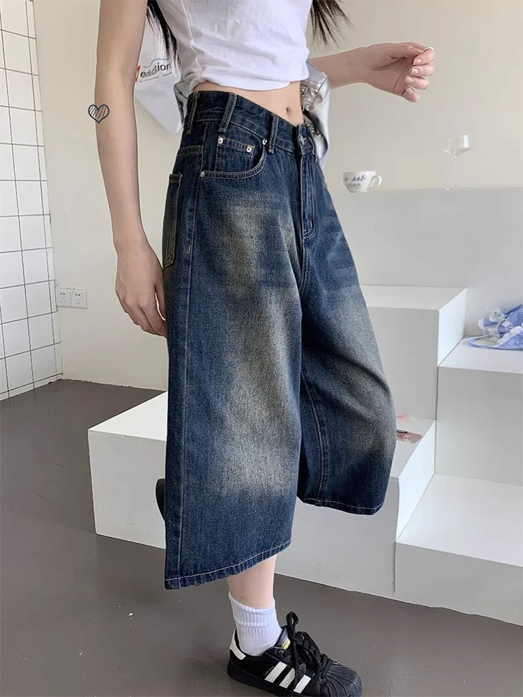 

Retro American Waed Loose orts Seven-Foot Jeans Women's Summer High Waist Wide Leg Casual Pants Trendy Denim Skinnies