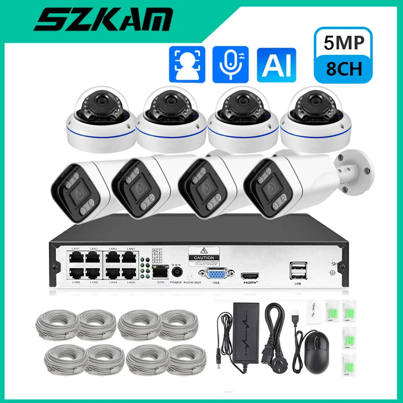 

8CH 5MP 3MP POE NVR Kit Dome cameras Audio Record Remote Outdoor Indoor Surveillance System Security Camera Set Human Detection