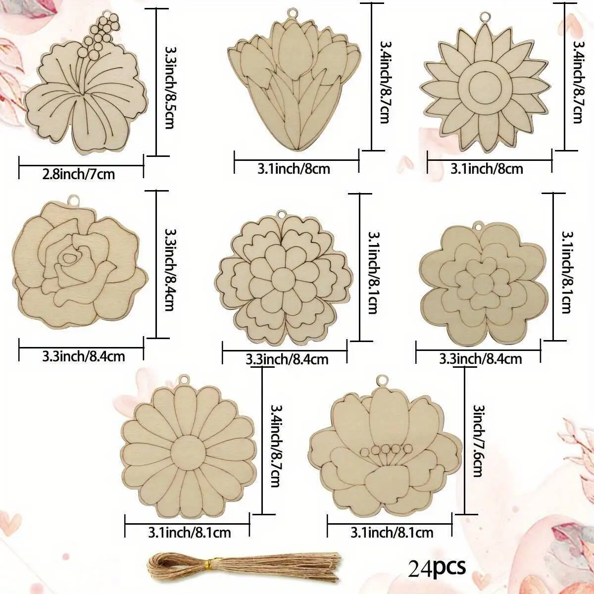 24Pcs Wooden Flower Head Pendants Unpainted Lily Tulip Rose Hanging Ornament For Spring Easter Home Party Decoration Gifts