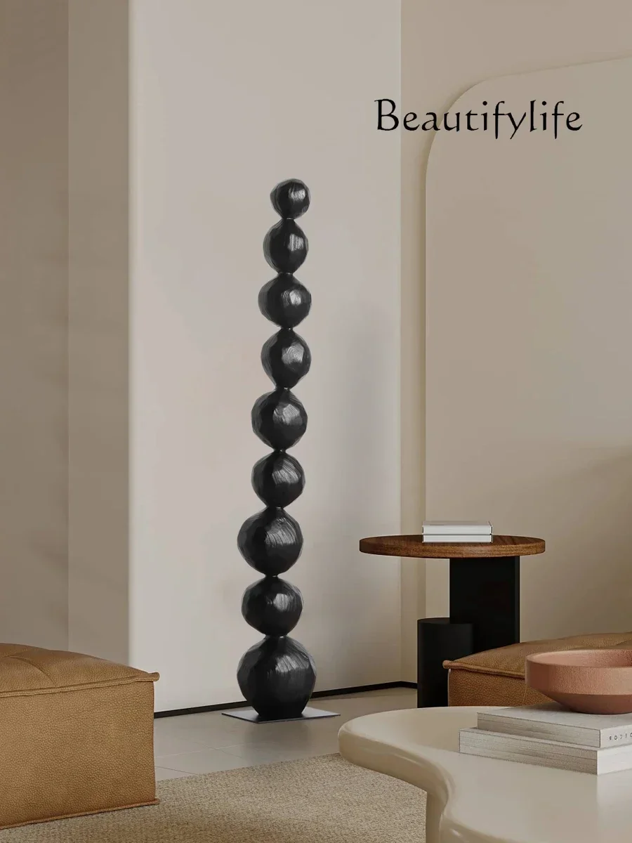 Carbonized Wood Ball Sculpture Art Floor Ornaments Living Room Entrance Vertical Height Wood Carving Decoration