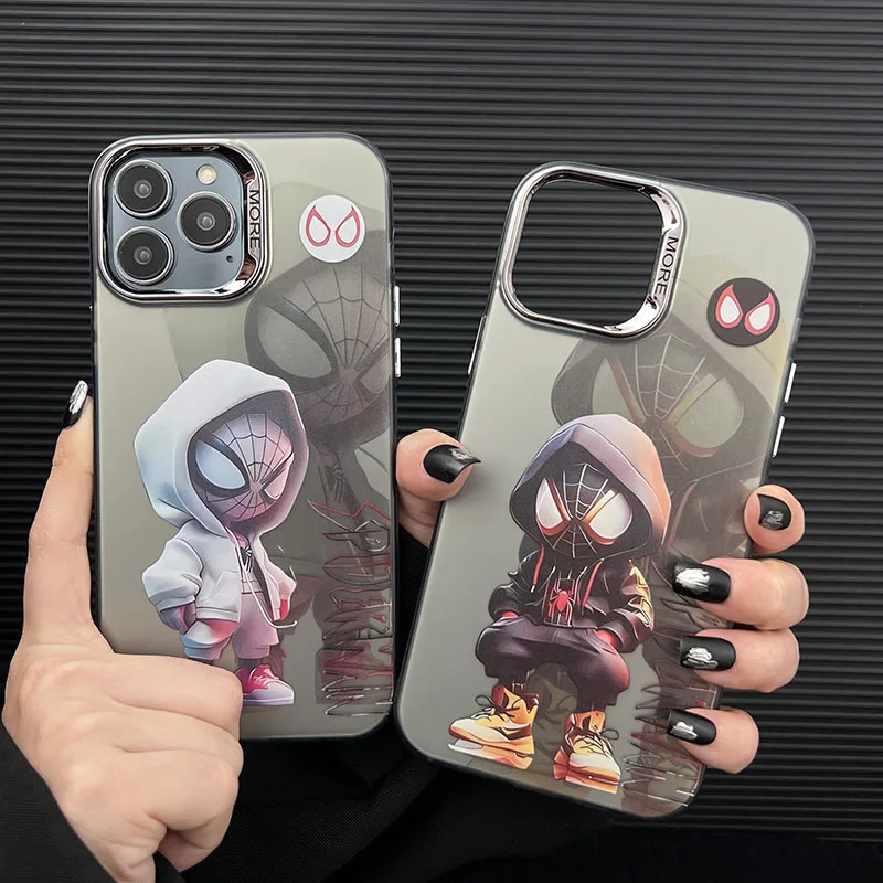 Cute Cartoon Anime S-Spider-Man Clear Case For iPhone 15 14 13 12 11 Pro Max Silicone Shockproof Plating Lens Protective Cover