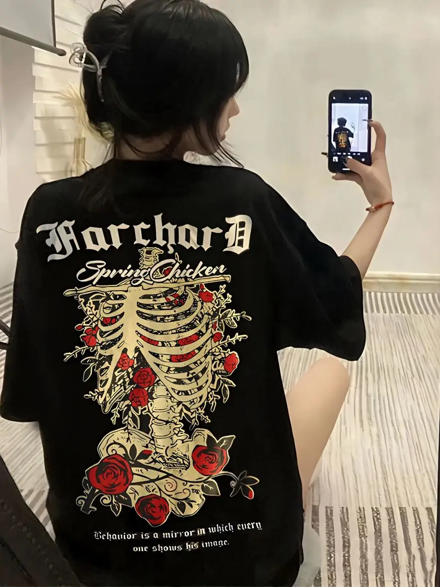 

National trendy brand street skeleton flower short-sleeved T-shirt for women pure cotton heavy summer loose street American tops