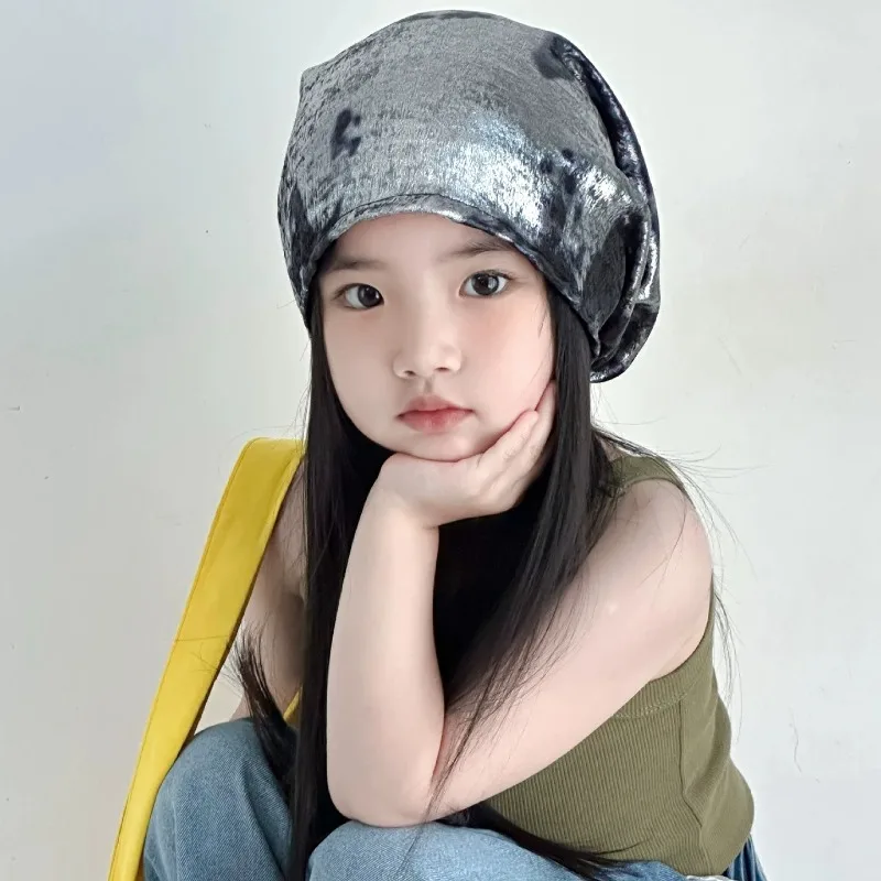 Liquid Silver Retro Kids Slouchy Hat Hip Hop Street Dance Beanie Stylish Head Wrap Cap for Girls Daily Performance