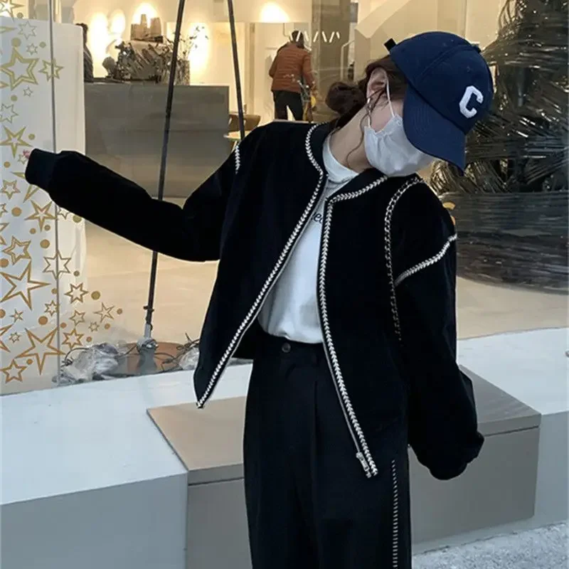 QWEEK Baseball Jacket Harajuku Oversized Chic and Elegant Woman Jacket Black Cropped Coat Clothes Long Sleeve Korean Fashion New