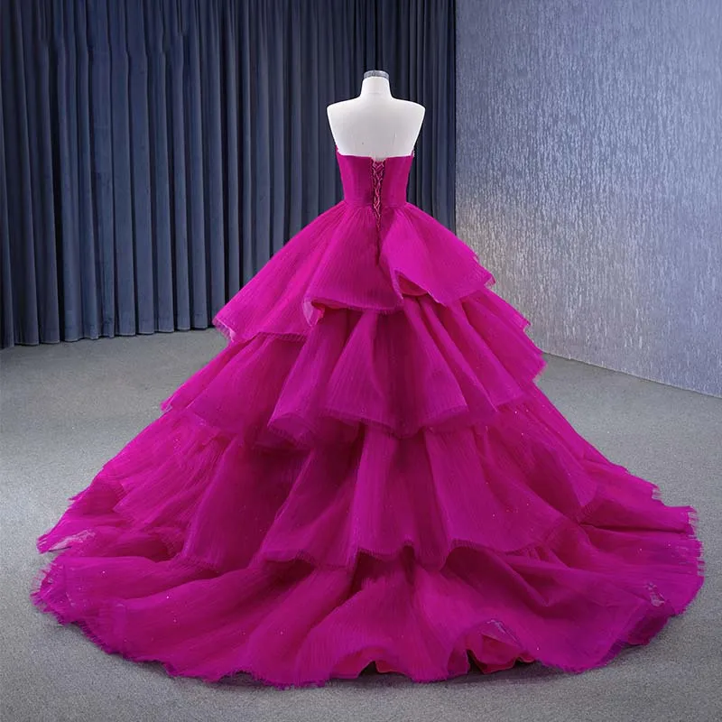 Flash Sale Romantic High Quality Evening Dress Customized Organza Ball Gown Strapless Backless Beading Tiered Vestido Festa