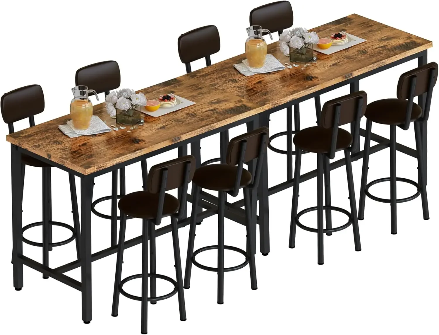 Faux Wooden Table with 8 PU Upholstered Chairs, Breakfast Table Bar Table and Backrest Chairs with Footrest for 8-10 People