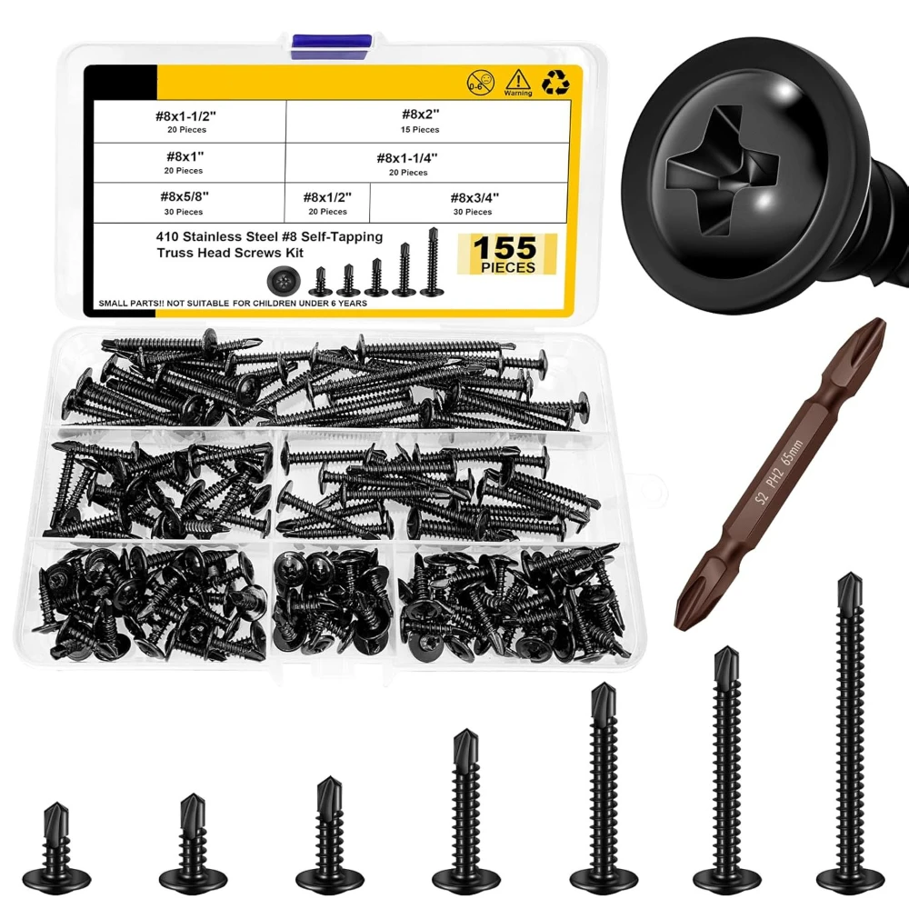 

155pcs 1/2" X 1/8" X1/4"3/4"5/8" 410 Stainless Steel Screws British Standard Cross Washers Drill Tail Set Self-tapping Screws