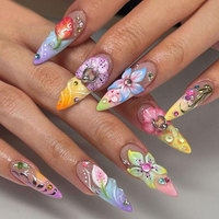 24pcs Nails Set Press on Long Almond False Nails Rhinestones Design Fake Nails Flower Colorful French Nail Tip Reusable Manicure