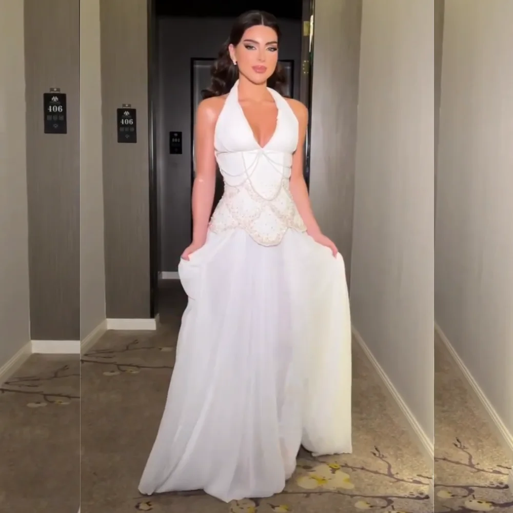 

Customized Exquisite Chiffon Pleat Pattern Sequined A-line Halter Long Dresses Bespoke Occasion Celebrity Chinese Style