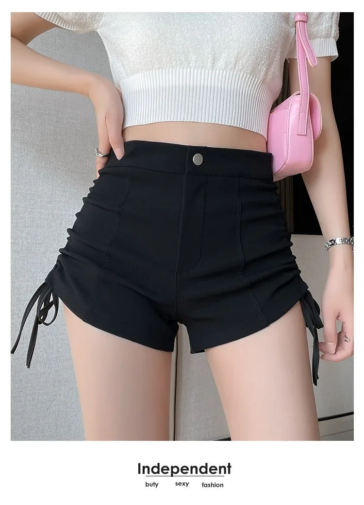 2026 Neue Frühjahr-Herbst Damen Schwarze Casual-Shorts mit seitlichem Kordelzug-Design, petite-freundlich, schlankmachend, schmeichelhaft, Outdoor-Streetwear-Shorts – Detail 5