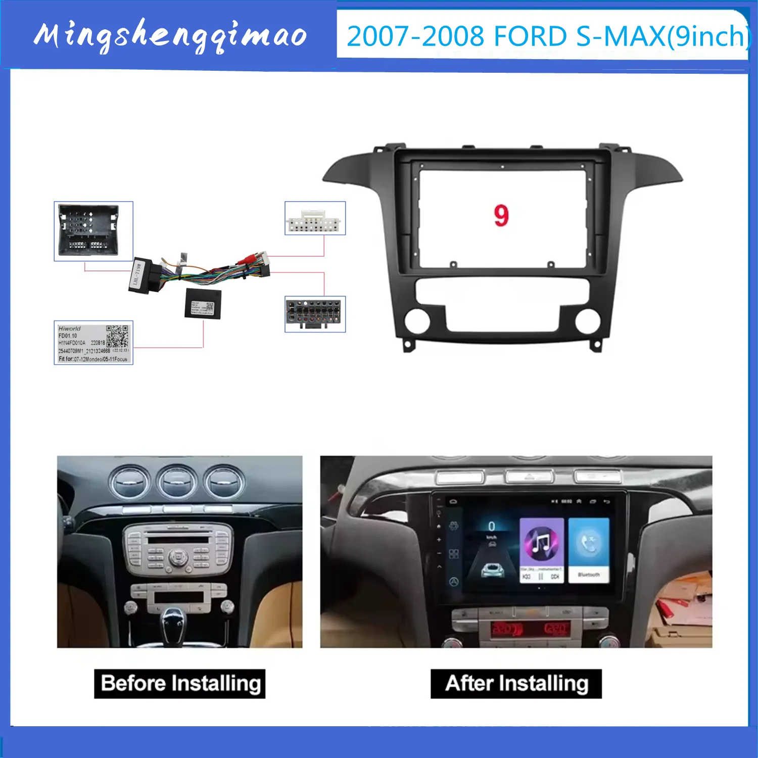 Fascia per auto 2din da 9 pollici per FORD S-Max S Max 2007 - 2008 doppio Din telaio per auto cruscotto installazione pannello Trim Refitting Kit